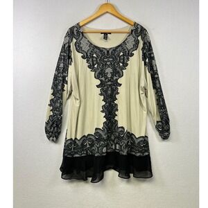 Style & Co Woman Tunic Top Womens 3X Cream Black Lace Print Ruffle Hem